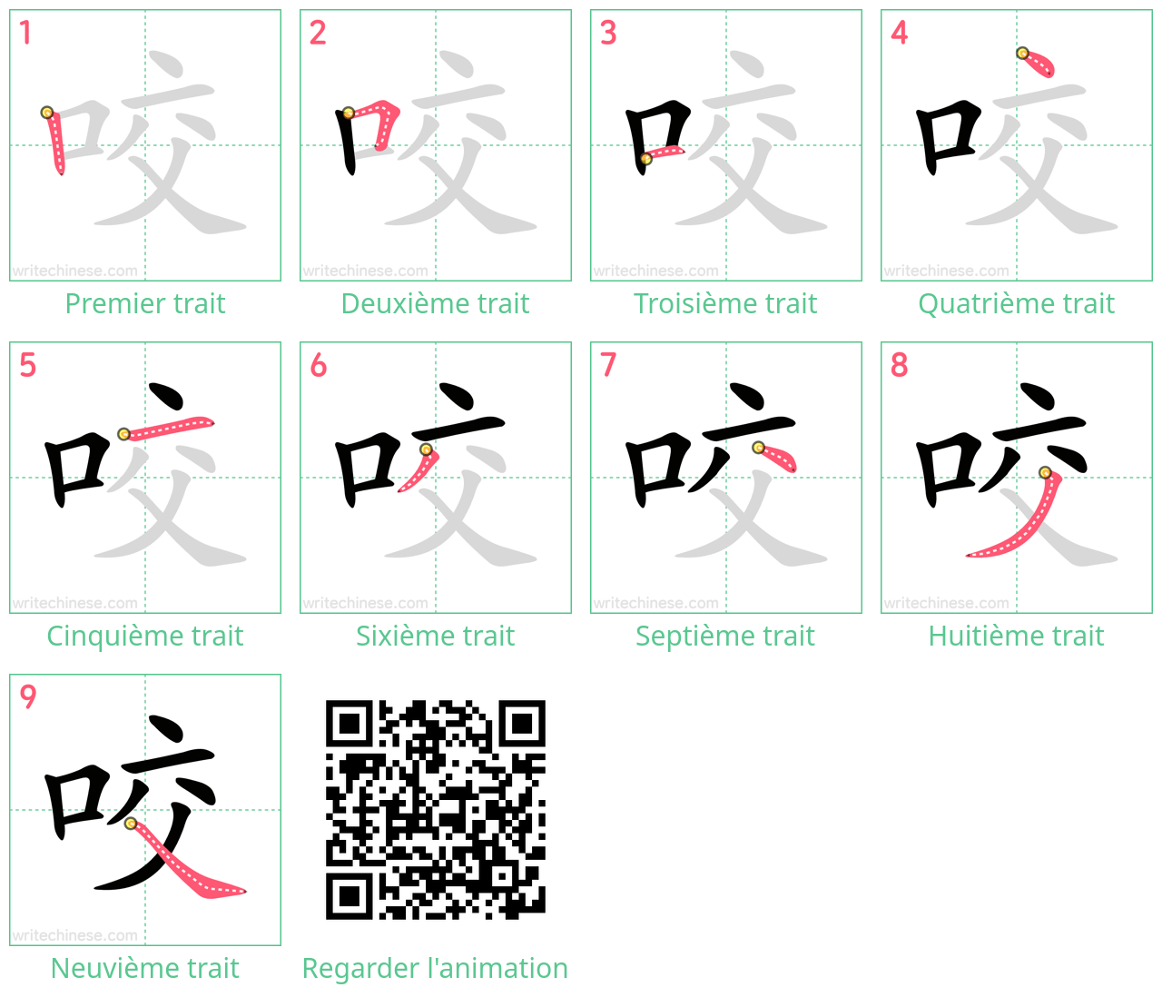 Diagrammes d'ordre des traits étape par étape pour le caractère 咬