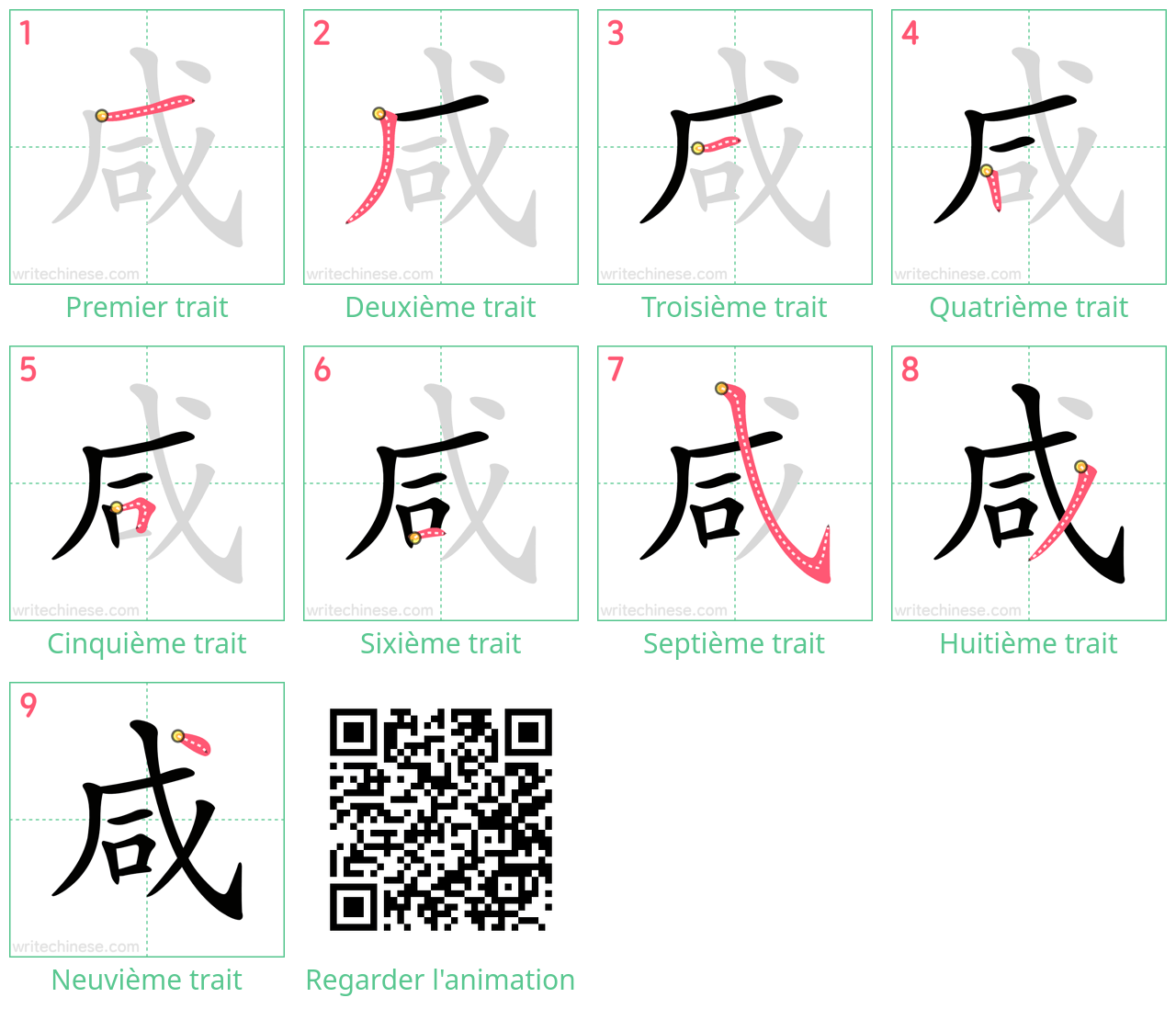 Diagrammes d'ordre des traits étape par étape pour le caractère 咸