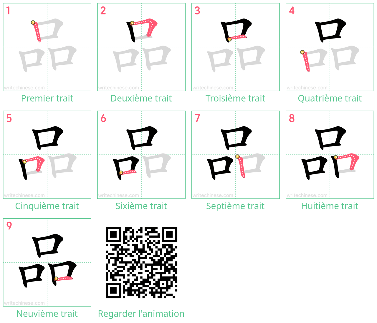 Diagrammes d'ordre des traits étape par étape pour le caractère 品