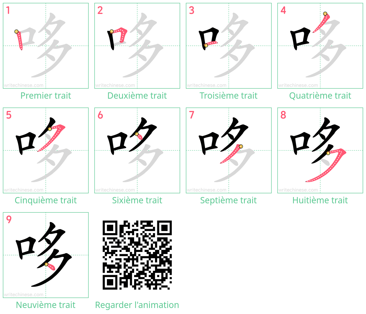 Diagrammes d'ordre des traits étape par étape pour le caractère 哆