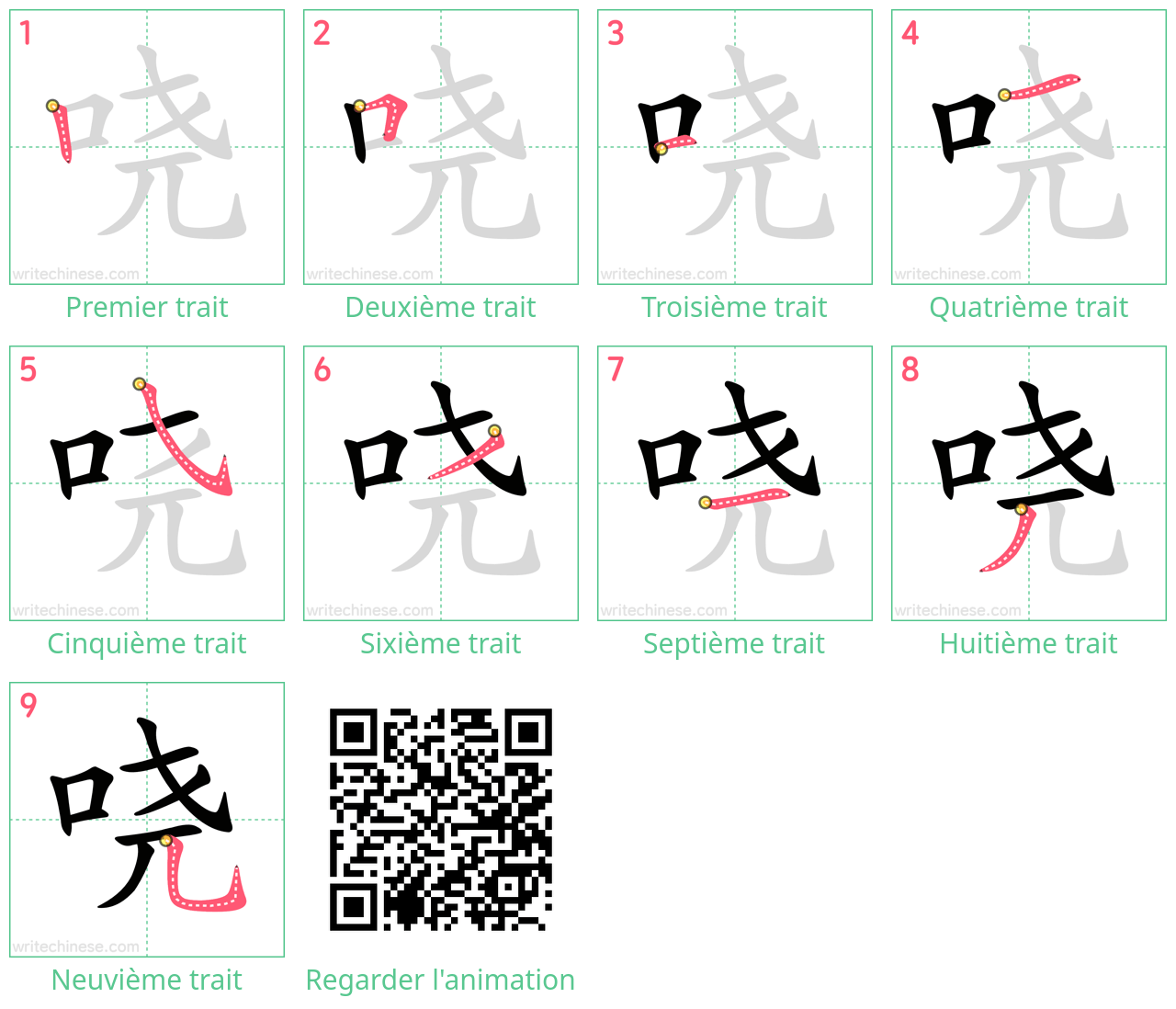 Diagrammes d'ordre des traits étape par étape pour le caractère 哓