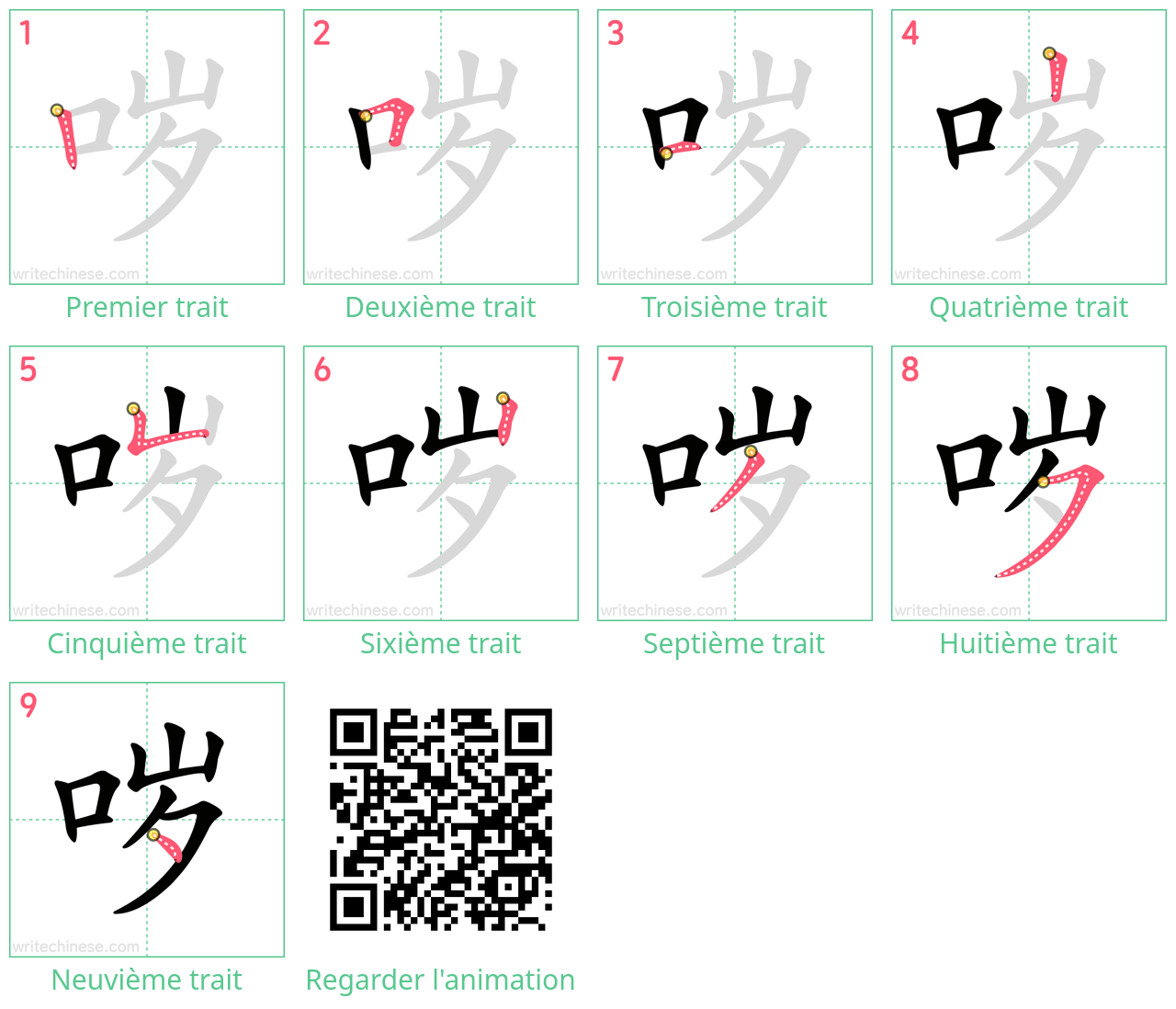 Diagrammes d'ordre des traits étape par étape pour le caractère 哕