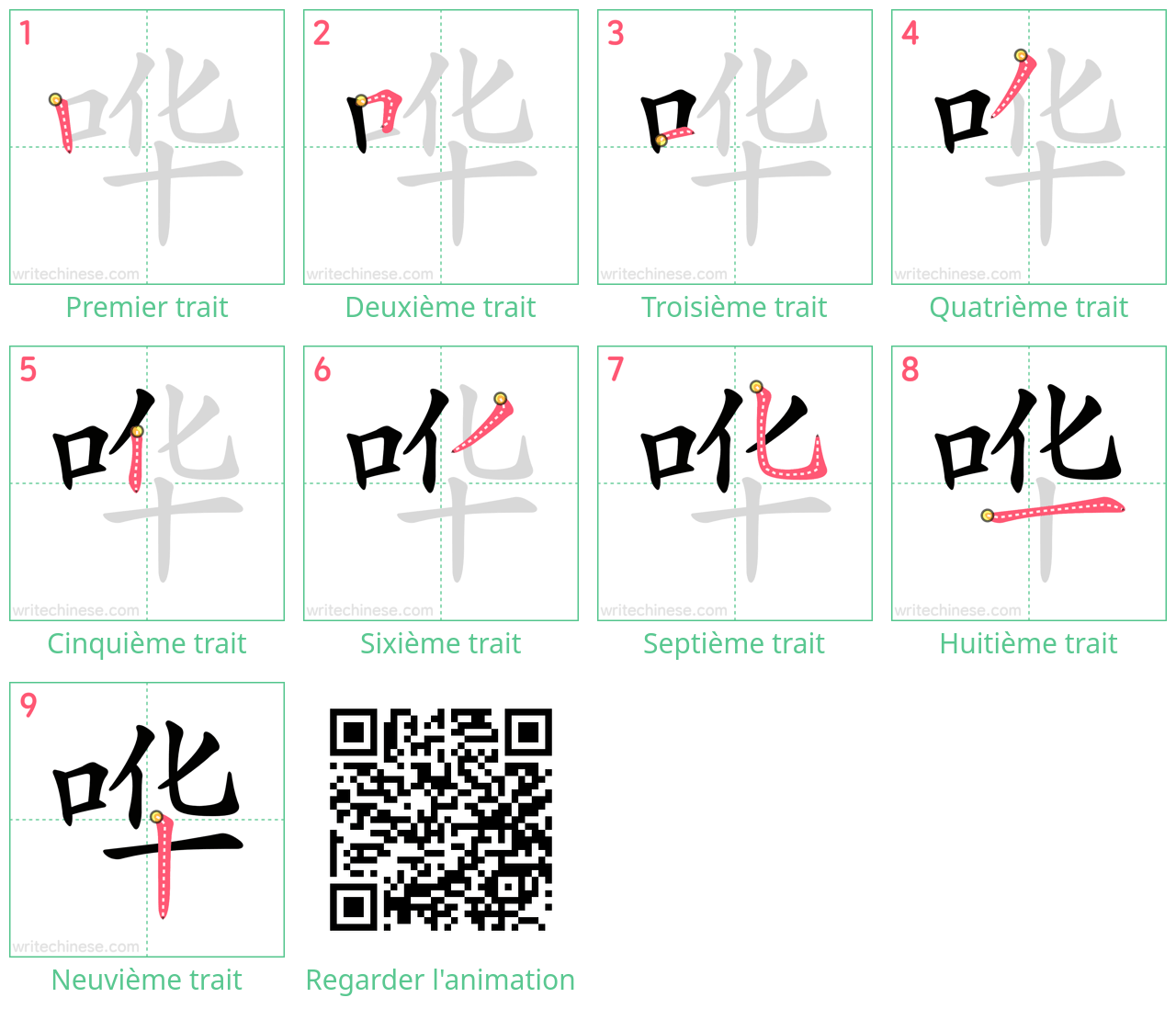 Diagrammes d'ordre des traits étape par étape pour le caractère 哗