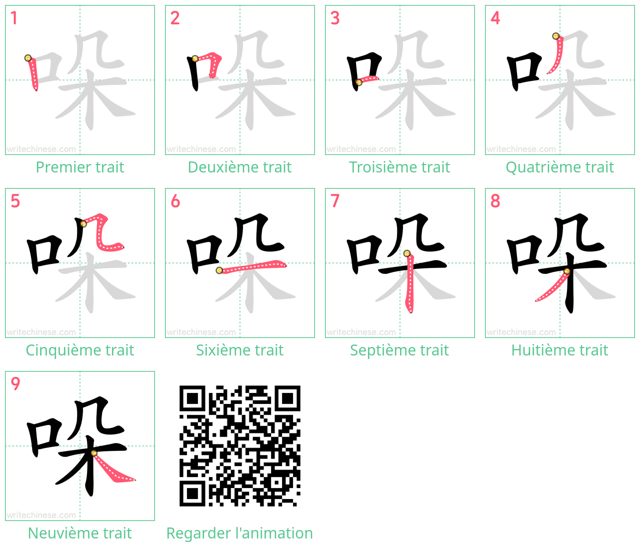 Diagrammes d'ordre des traits étape par étape pour le caractère 哚