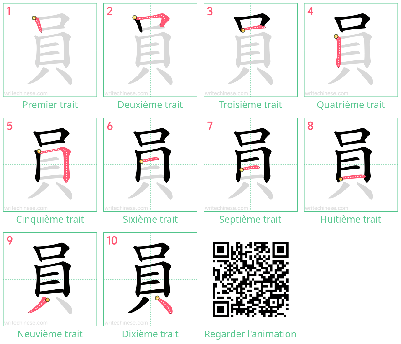 Diagrammes d'ordre des traits étape par étape pour le caractère 員