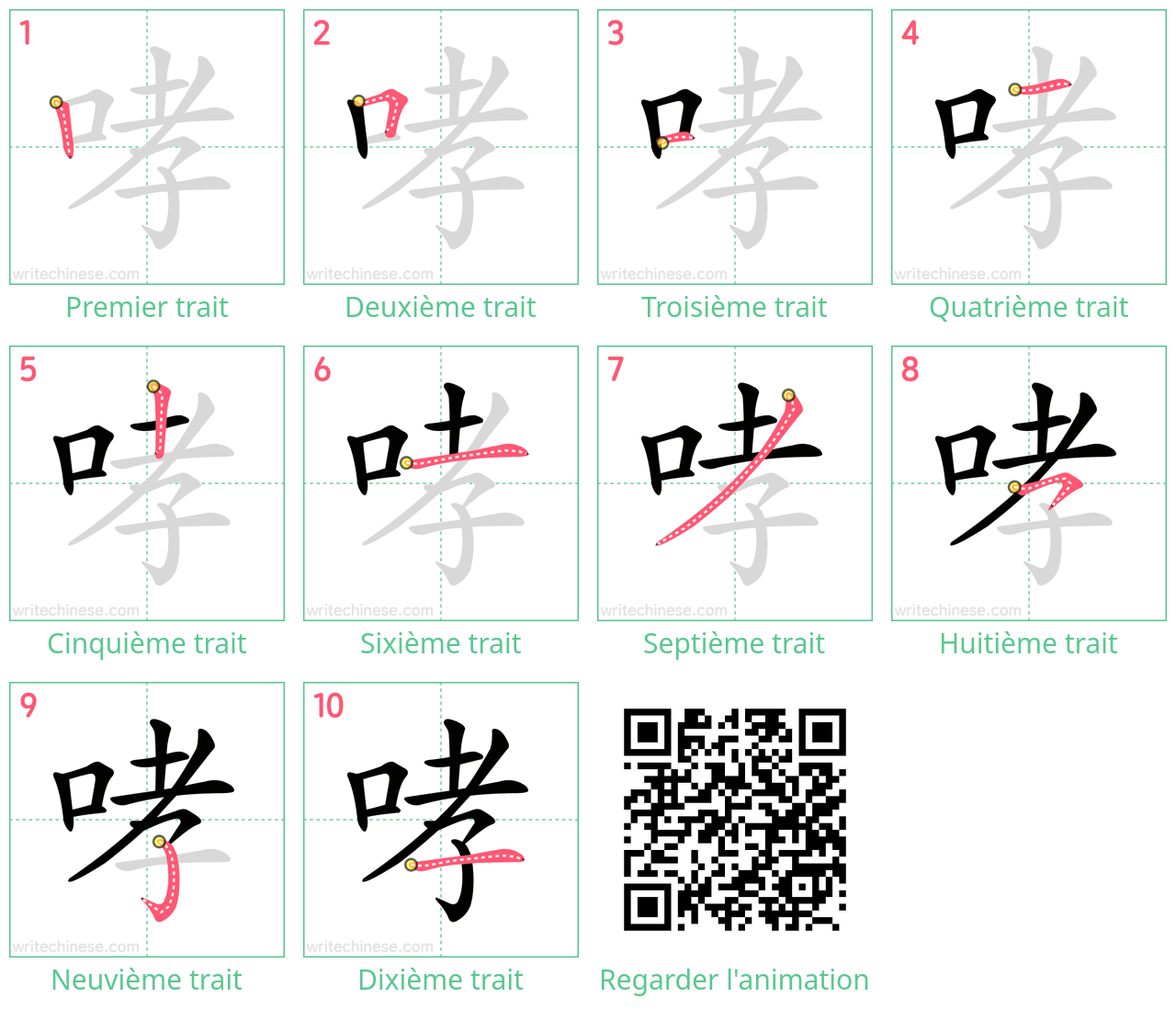 Diagrammes d'ordre des traits étape par étape pour le caractère 哮