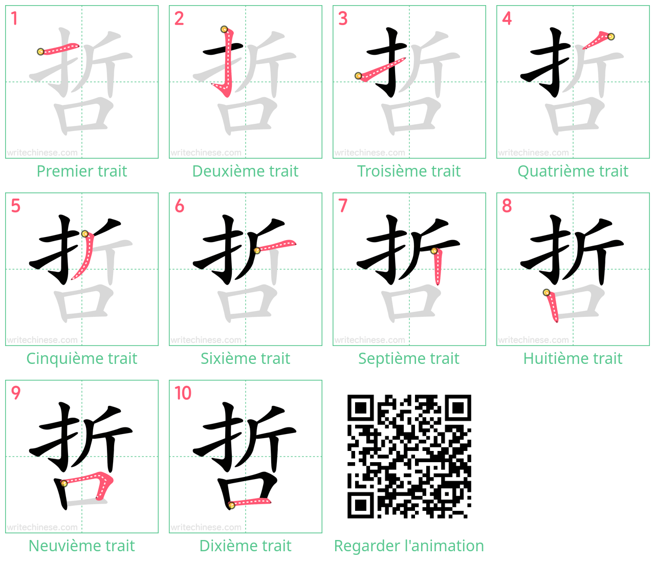 Diagrammes d'ordre des traits étape par étape pour le caractère 哲