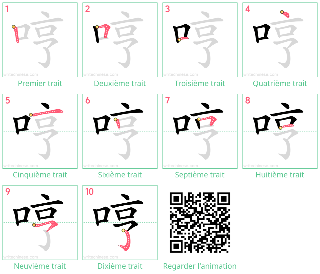 Diagrammes d'ordre des traits étape par étape pour le caractère 哼