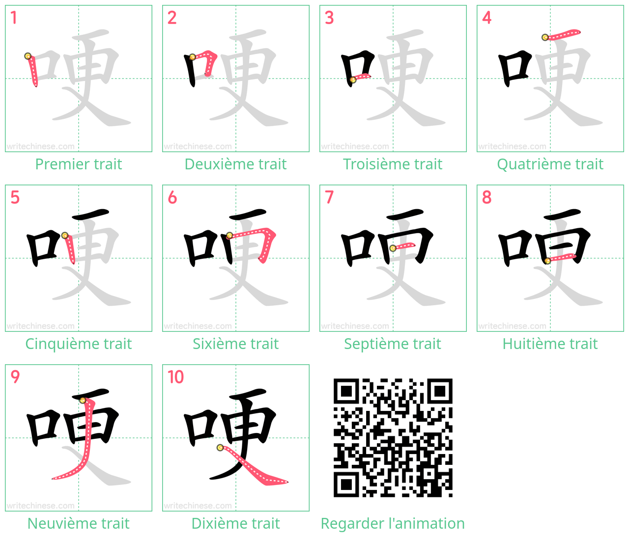 Diagrammes d'ordre des traits étape par étape pour le caractère 哽