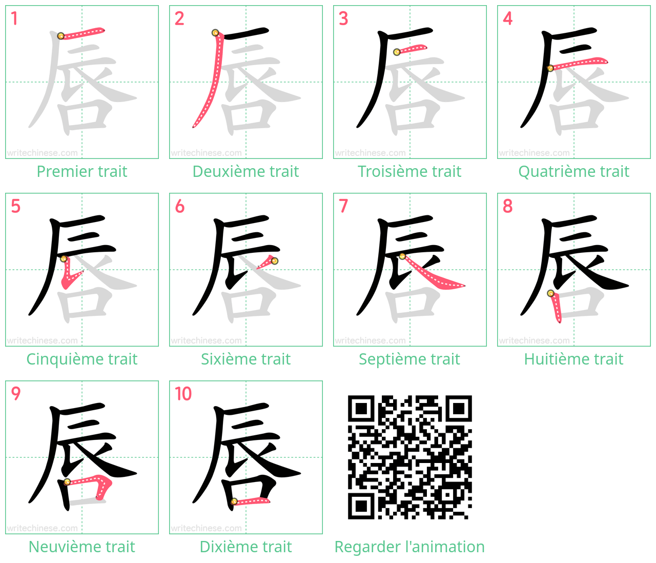 Diagrammes d'ordre des traits étape par étape pour le caractère 唇