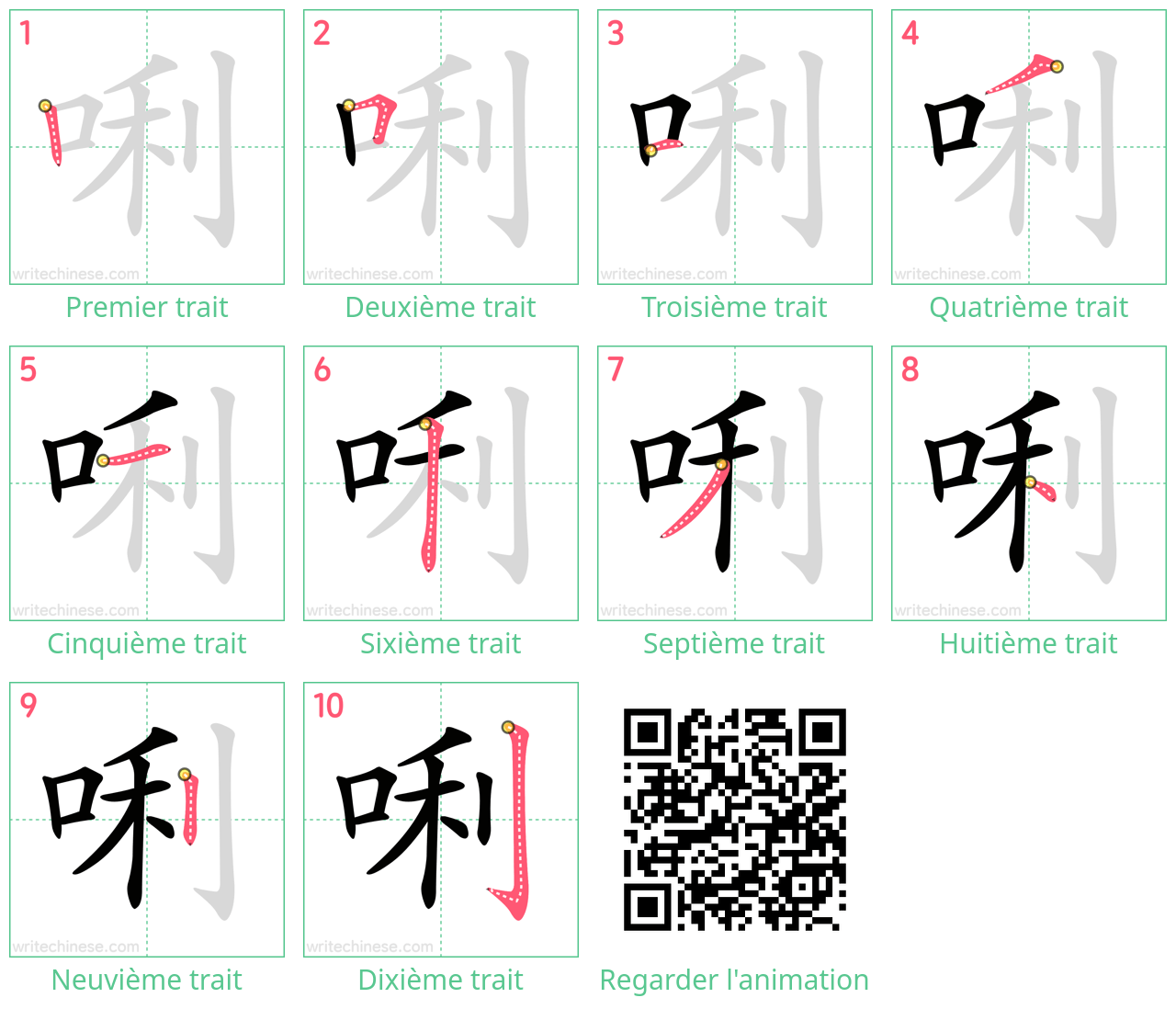 Diagrammes d'ordre des traits étape par étape pour le caractère 唎