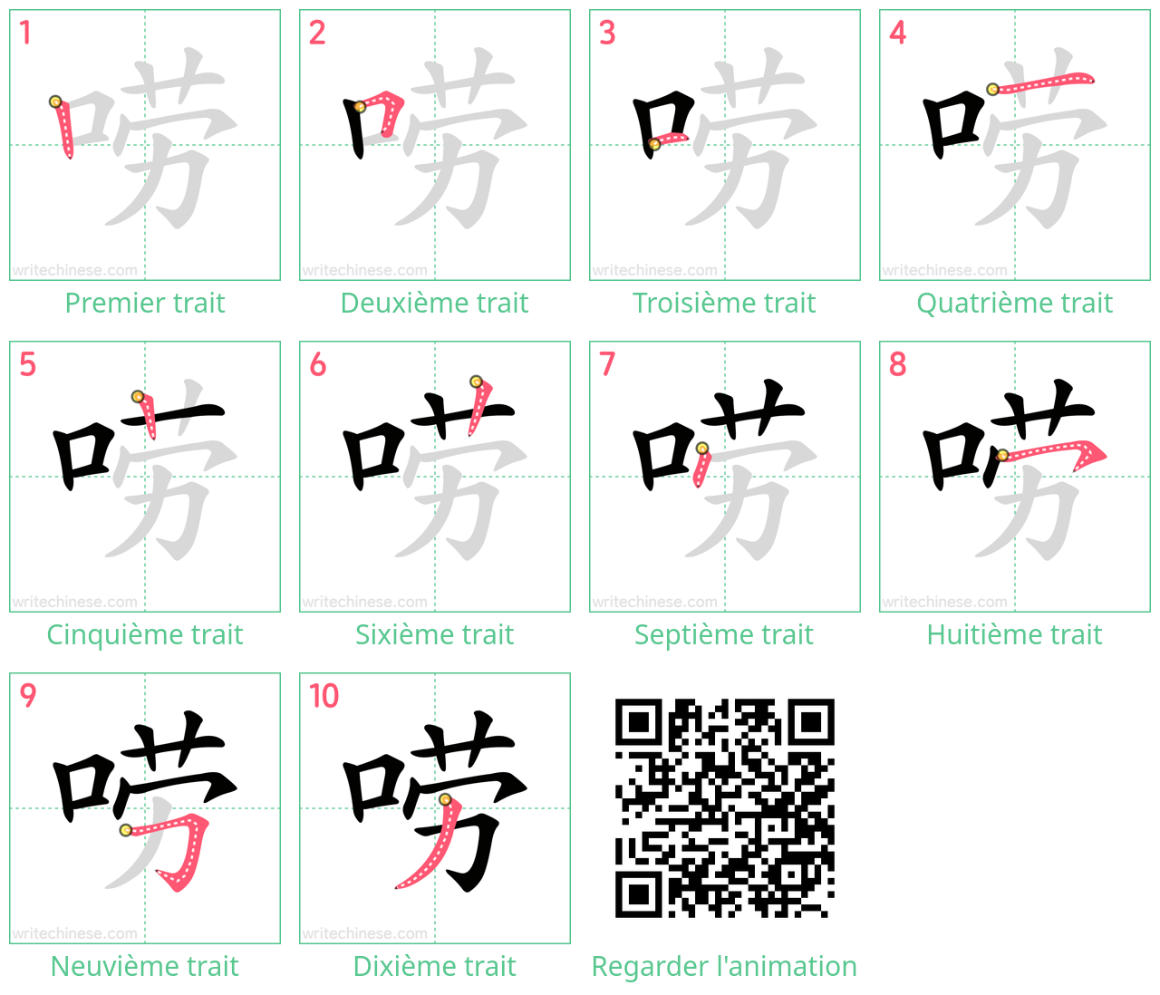 Diagrammes d'ordre des traits étape par étape pour le caractère 唠