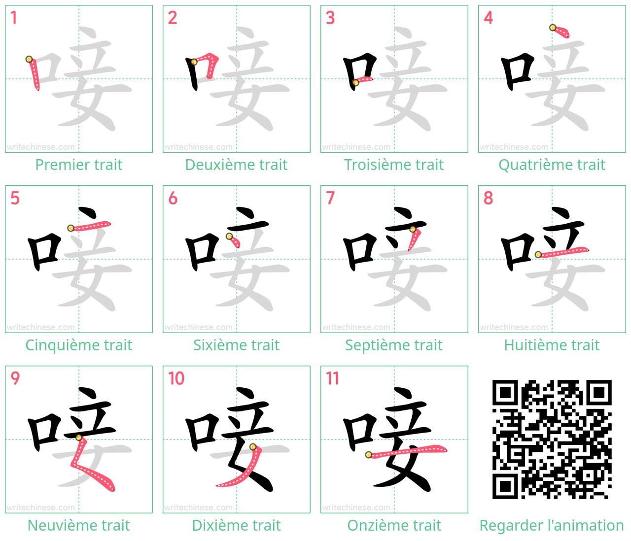 Diagrammes d'ordre des traits étape par étape pour le caractère 唼