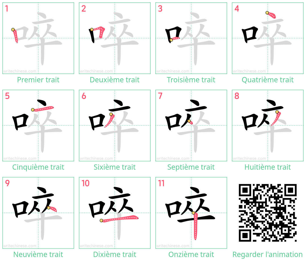 Diagrammes d'ordre des traits étape par étape pour le caractère 啐