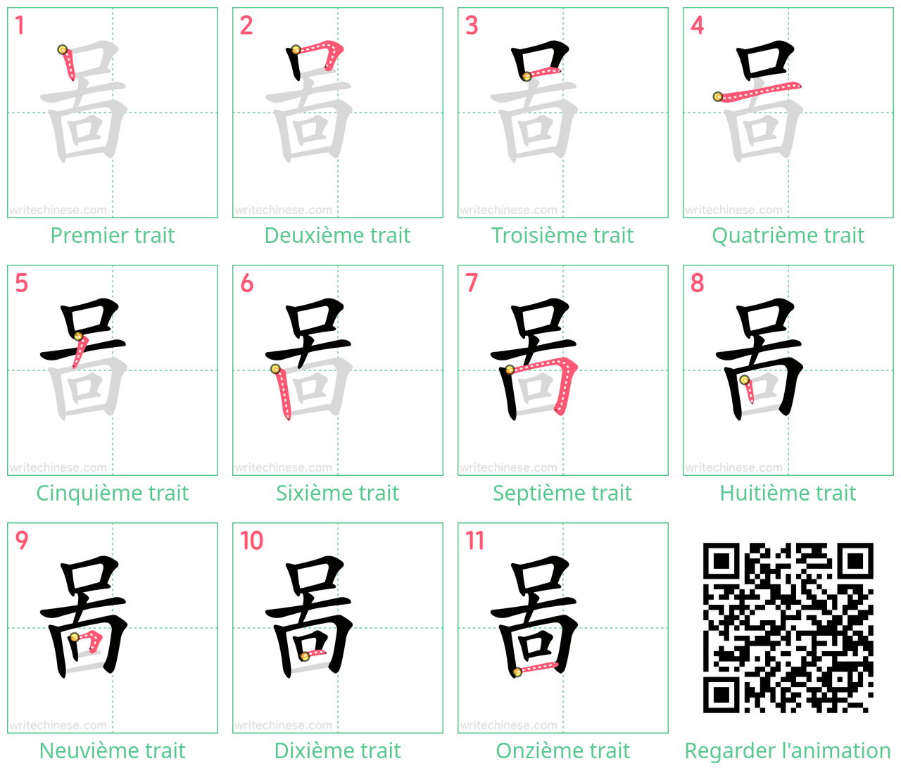 Diagrammes d'ordre des traits étape par étape pour le caractère 啚