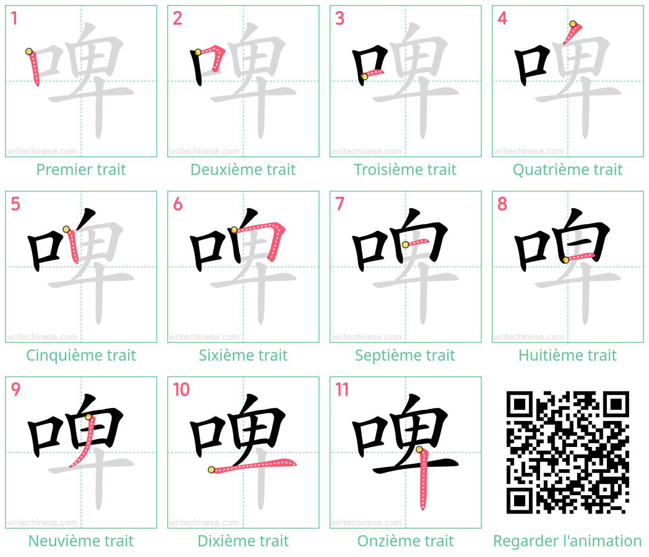 Diagrammes d'ordre des traits étape par étape pour le caractère 啤