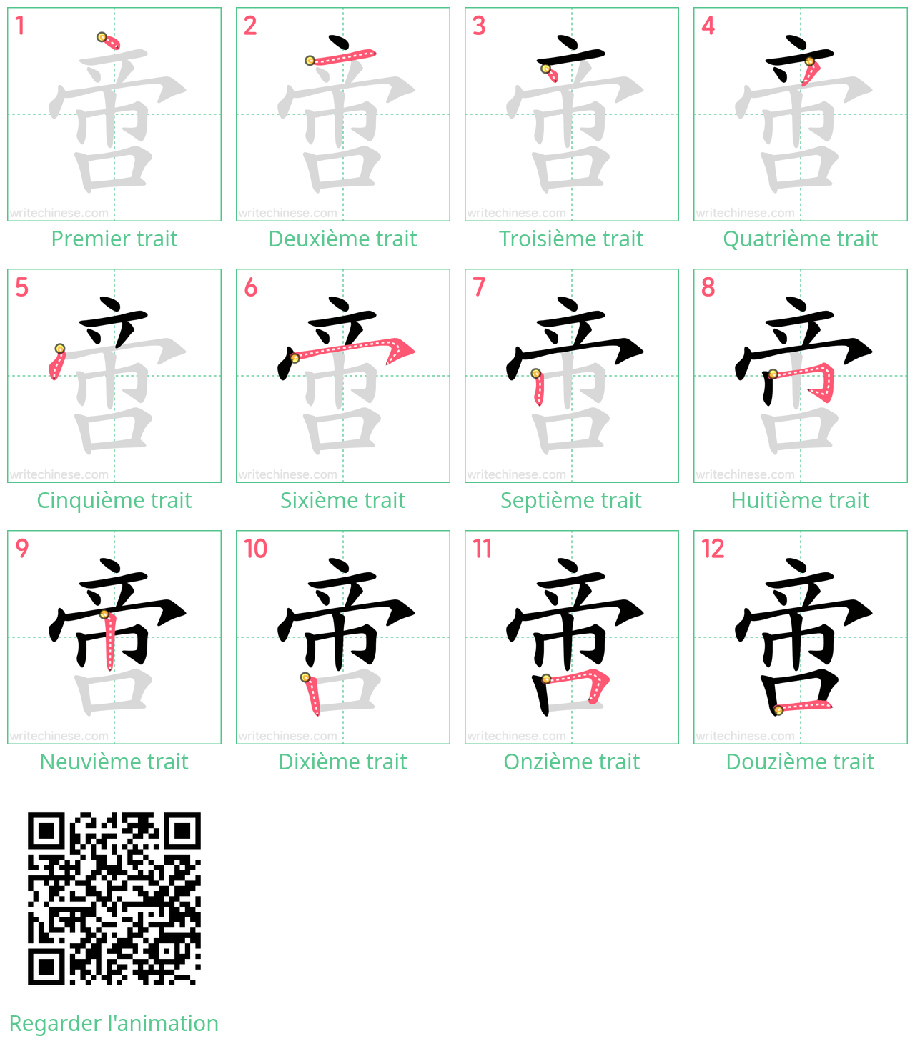 Diagrammes d'ordre des traits étape par étape pour le caractère 啻