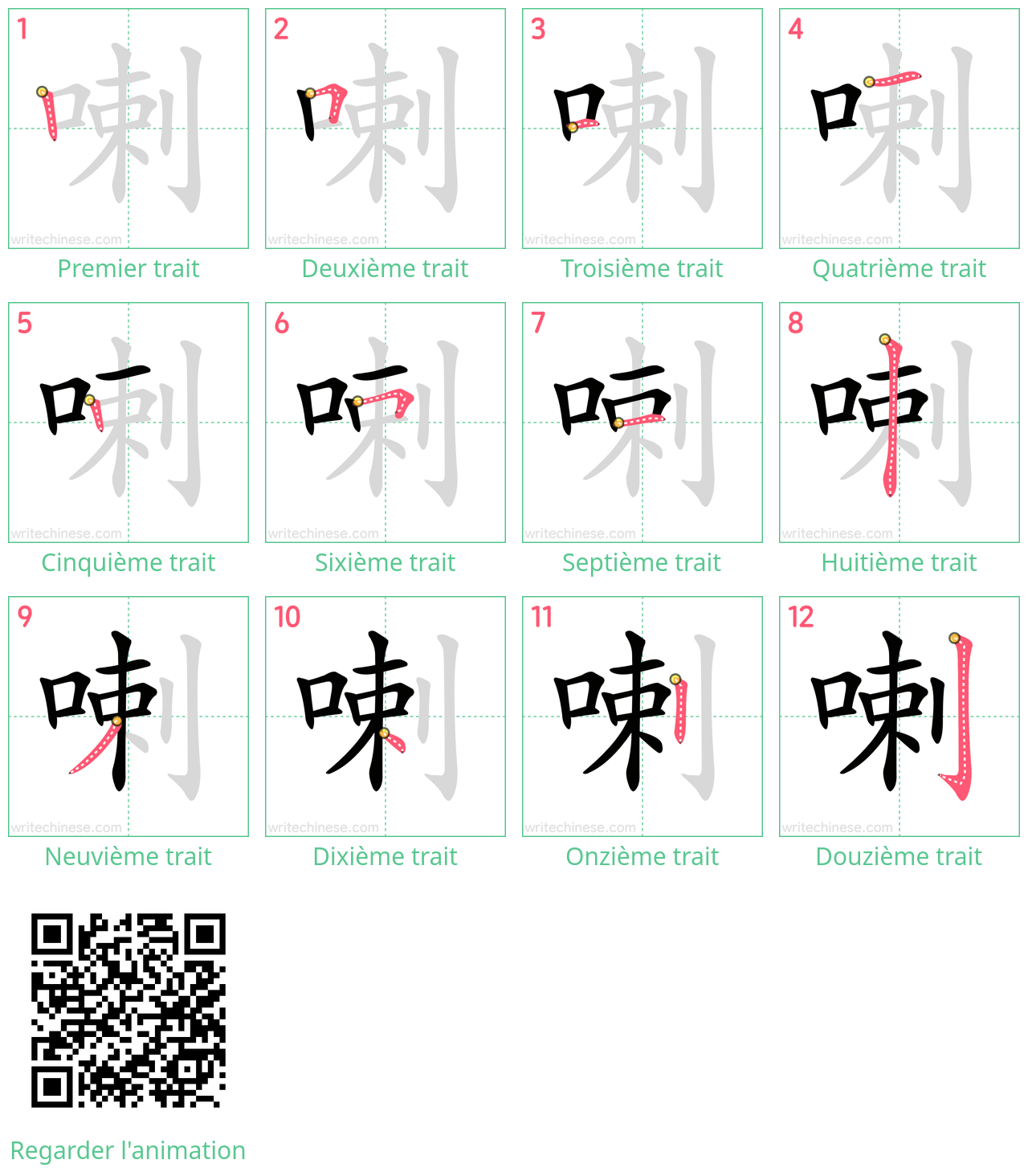 Diagrammes d'ordre des traits étape par étape pour le caractère 喇