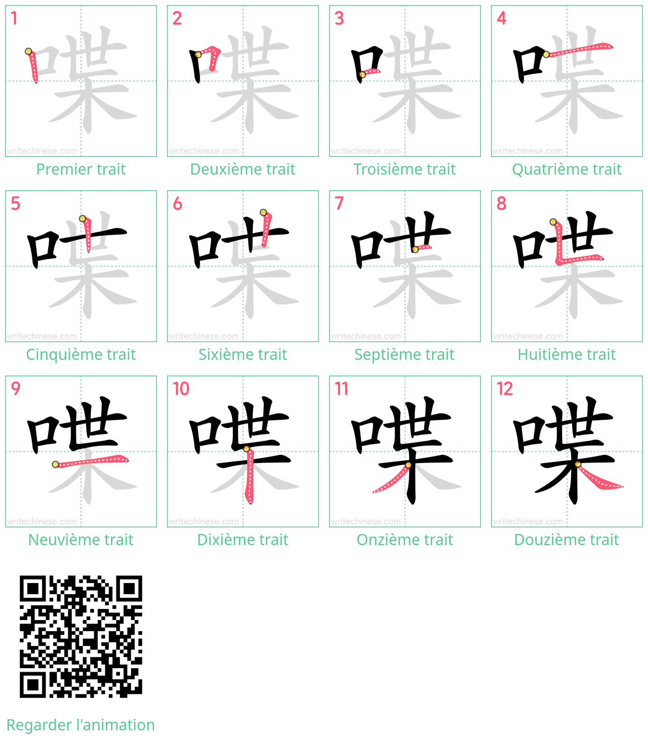 Diagrammes d'ordre des traits étape par étape pour le caractère 喋