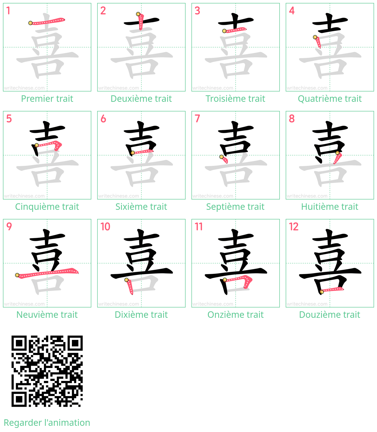 Diagrammes d'ordre des traits étape par étape pour le caractère 喜