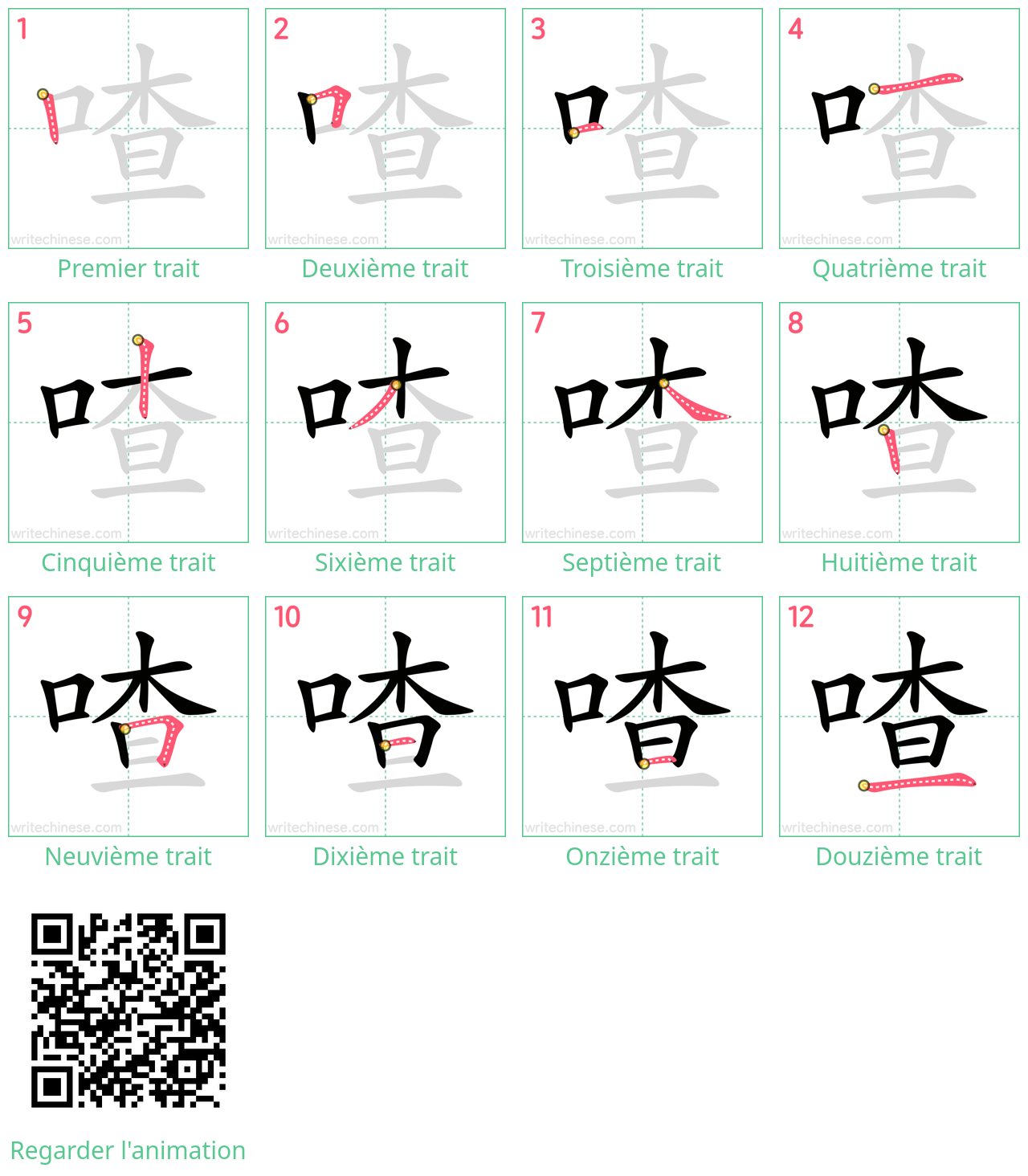 Diagrammes d'ordre des traits étape par étape pour le caractère 喳