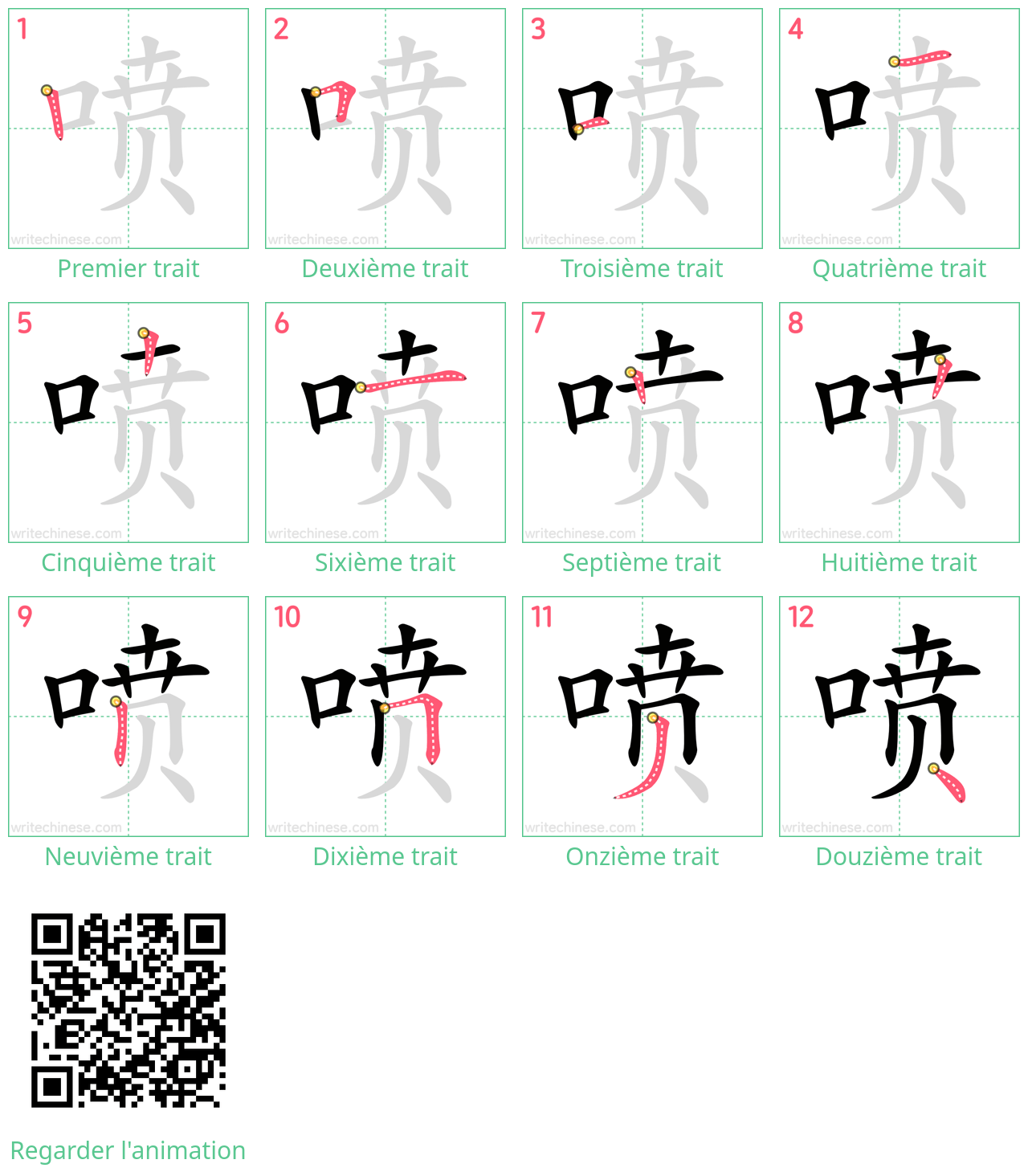 Diagrammes d'ordre des traits étape par étape pour le caractère 喷