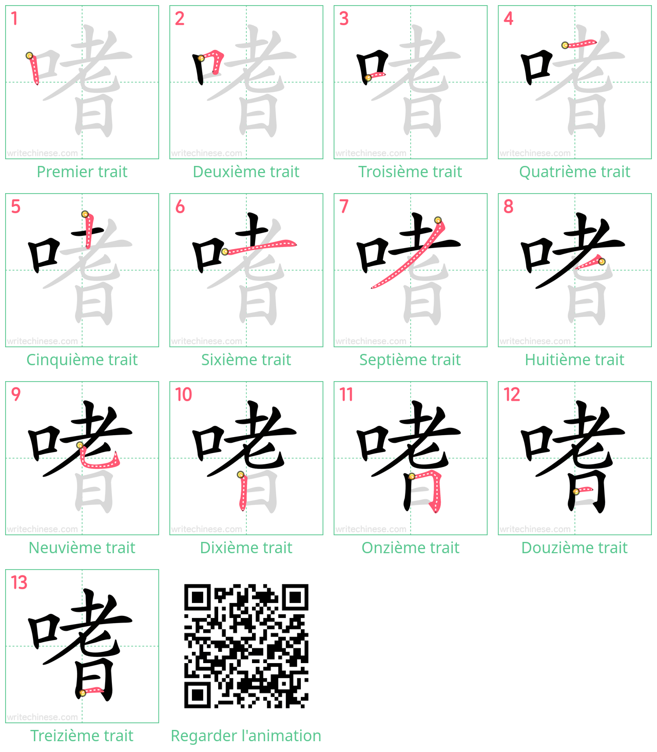 Diagrammes d'ordre des traits étape par étape pour le caractère 嗜