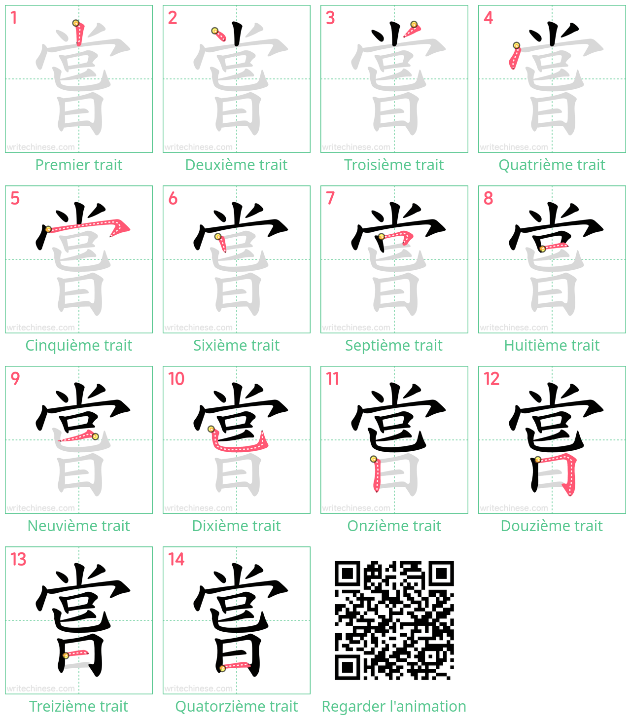 Diagrammes d'ordre des traits étape par étape pour le caractère 嘗