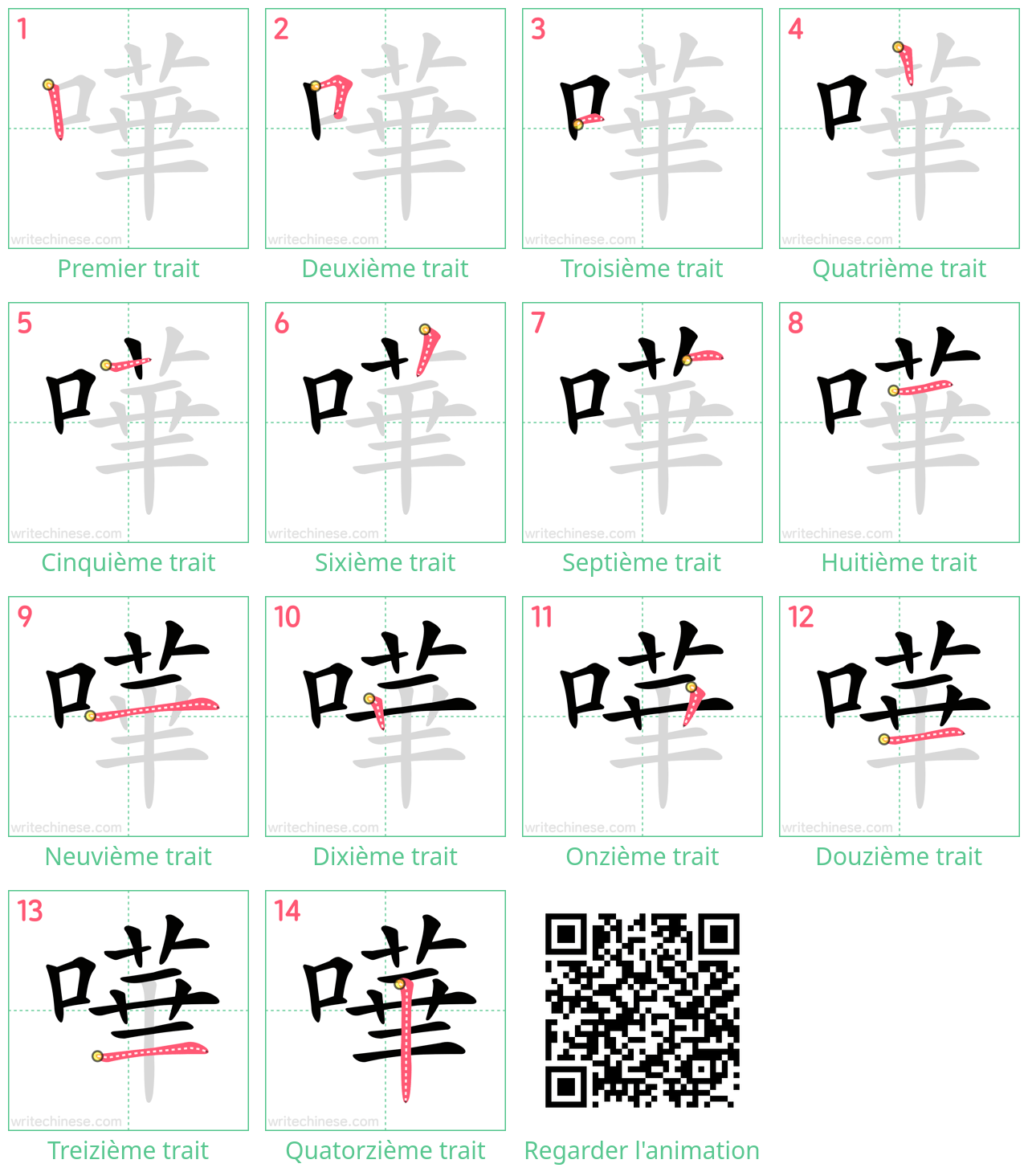 Diagrammes d'ordre des traits étape par étape pour le caractère 嘩