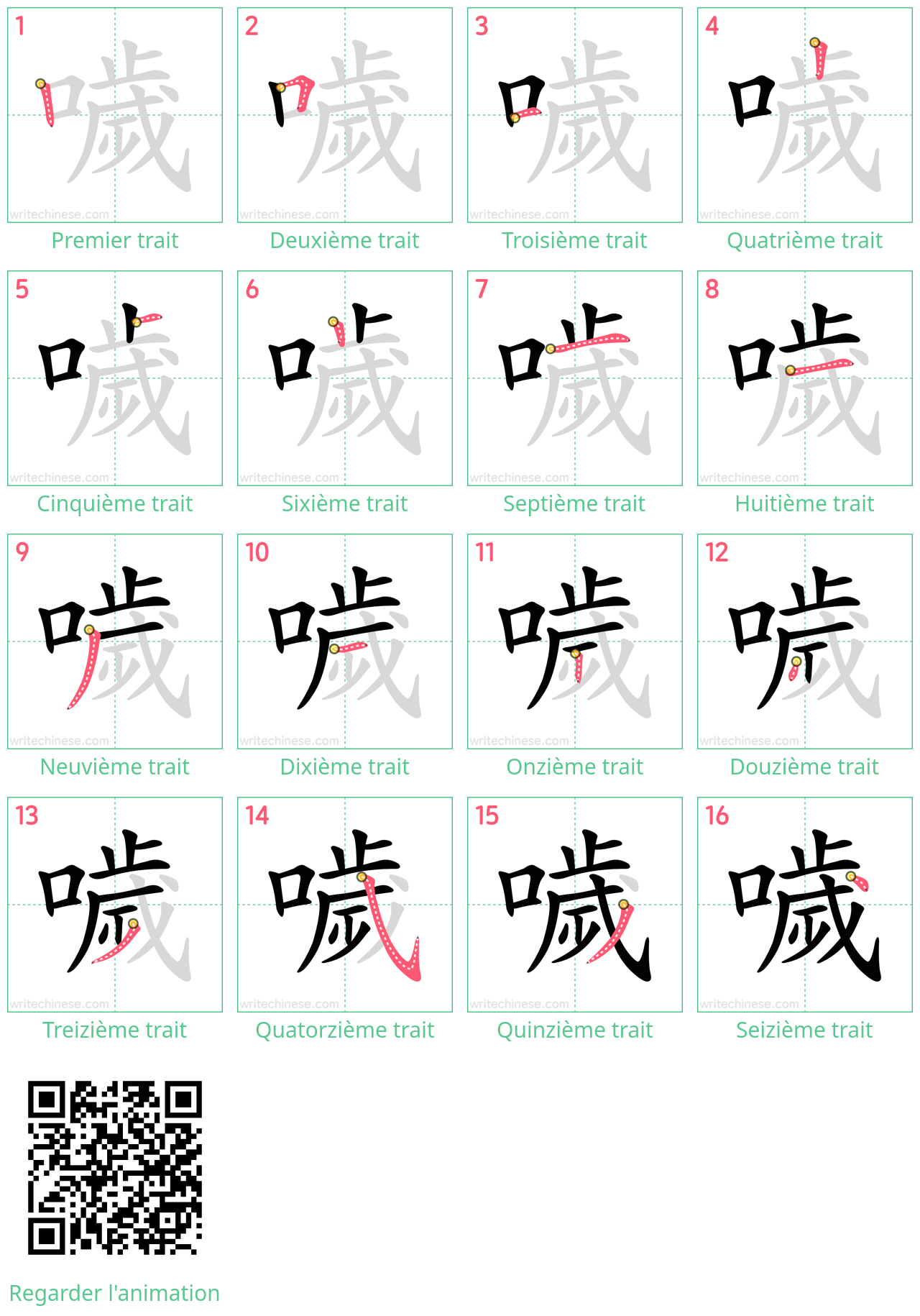 Diagrammes d'ordre des traits étape par étape pour le caractère 噦