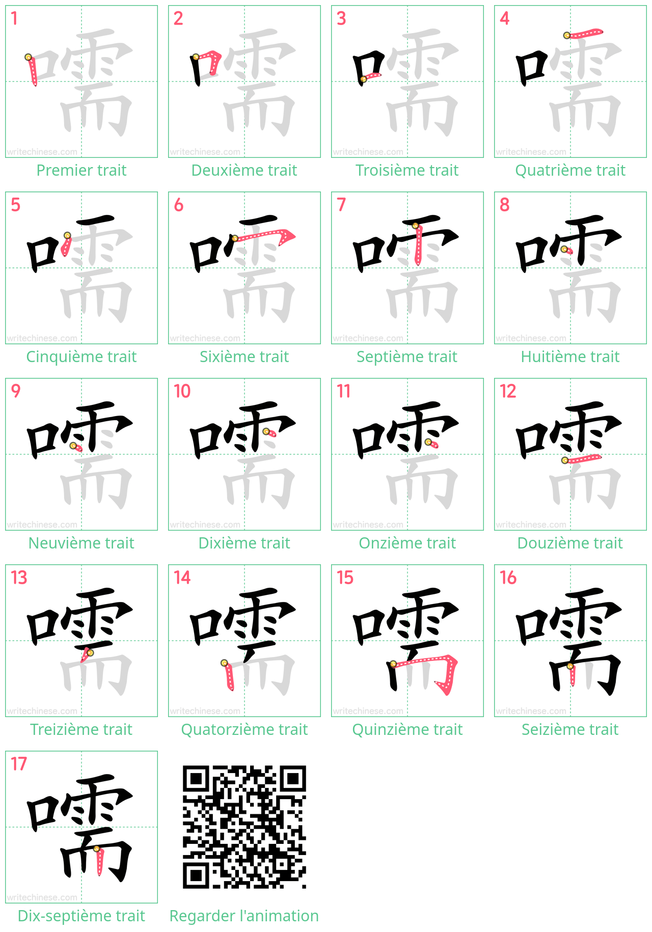 Diagrammes d'ordre des traits étape par étape pour le caractère 嚅