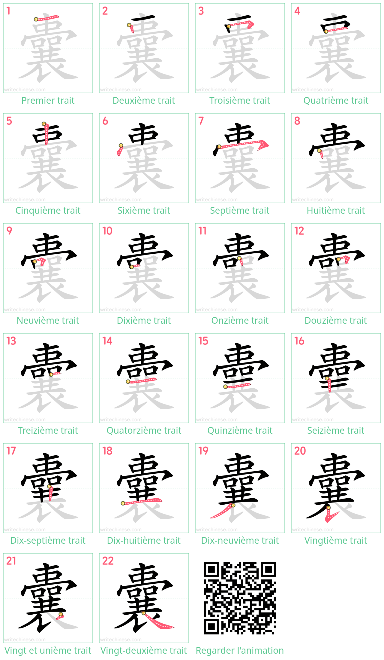 Diagrammes d'ordre des traits étape par étape pour le caractère 囊