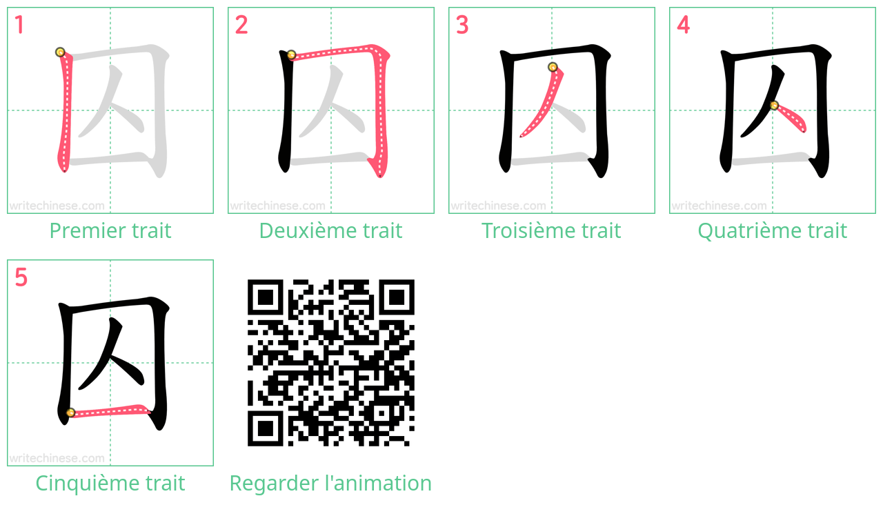 Diagrammes d'ordre des traits étape par étape pour le caractère 囚