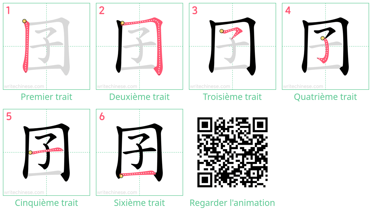 Diagrammes d'ordre des traits étape par étape pour le caractère 囝