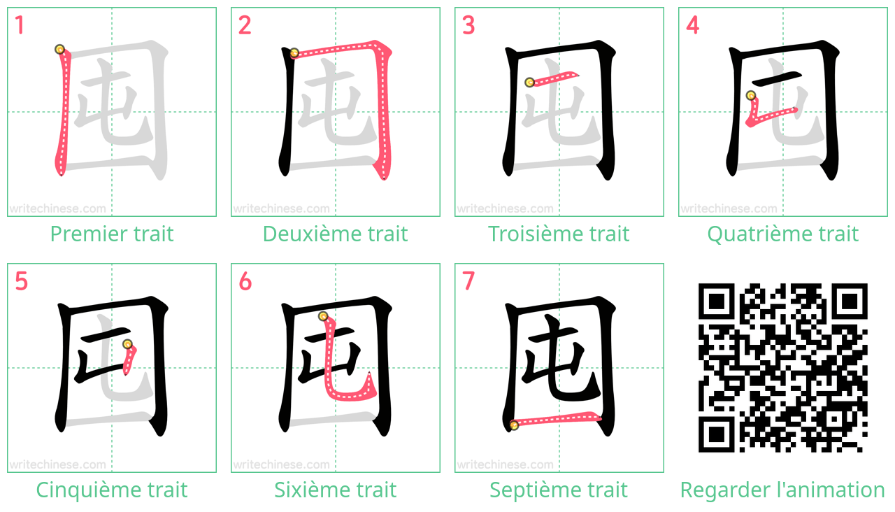 Diagrammes d'ordre des traits étape par étape pour le caractère 囤