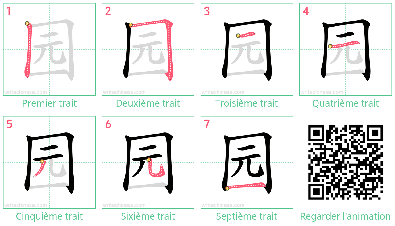 Diagrammes d'ordre des traits étape par étape pour le caractère 园