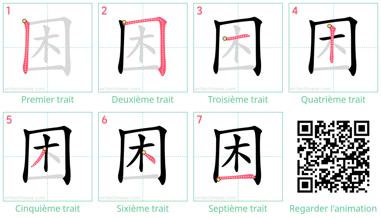 Diagrammes d'ordre des traits étape par étape pour le caractère 困