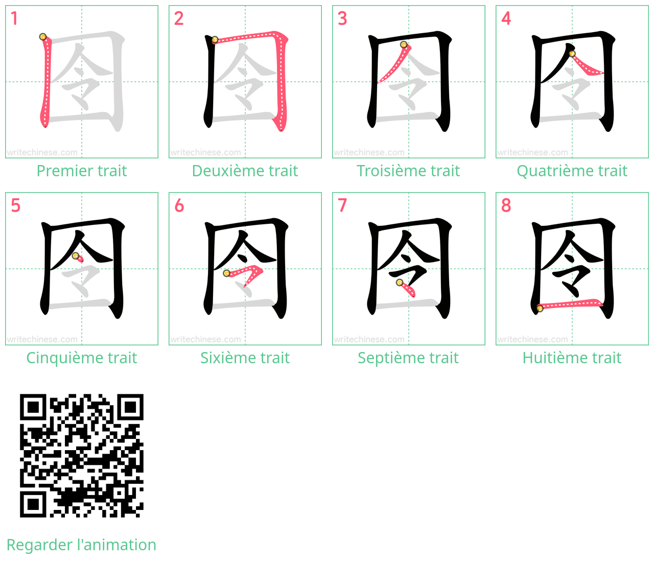 Diagrammes d'ordre des traits étape par étape pour le caractère 囹