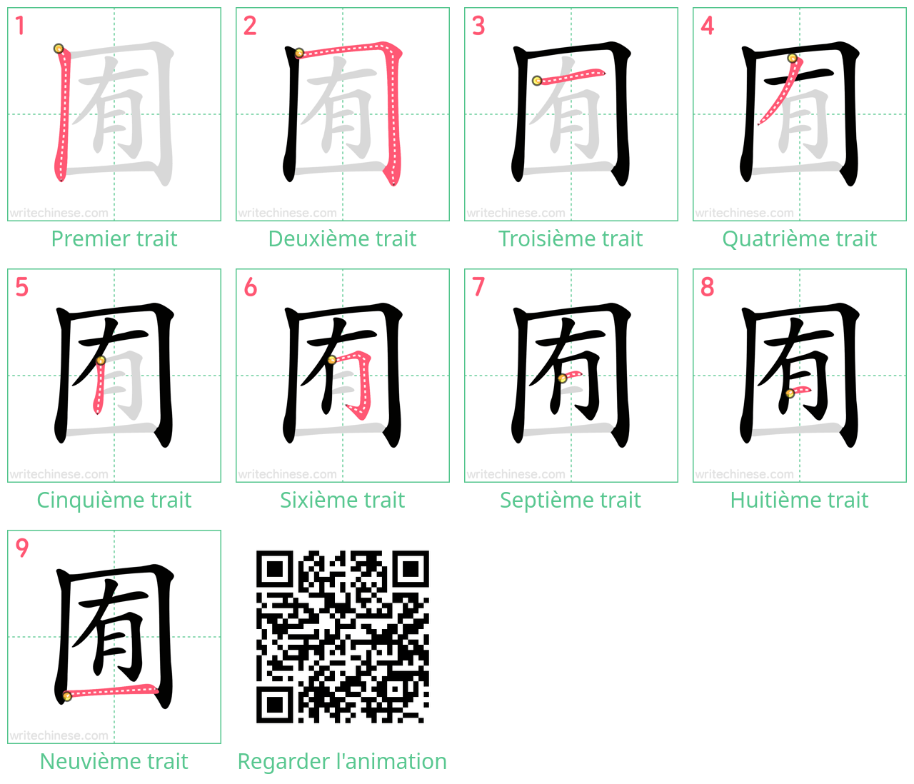 Diagrammes d'ordre des traits étape par étape pour le caractère 囿