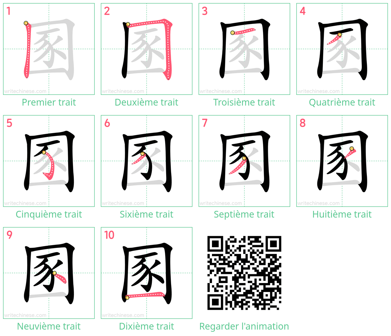 Diagrammes d'ordre des traits étape par étape pour le caractère 圂