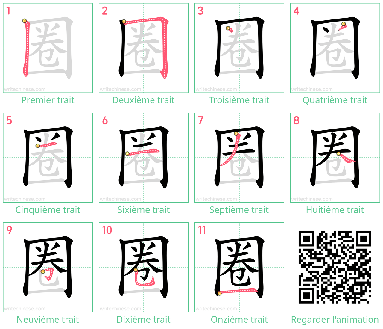 Diagrammes d'ordre des traits étape par étape pour le caractère 圈