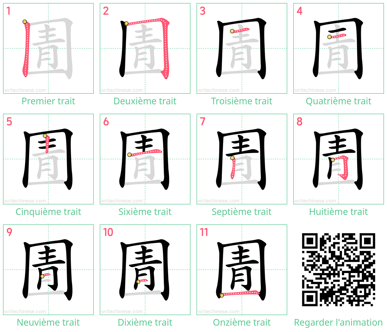 Diagrammes d'ordre des traits étape par étape pour le caractère 圊