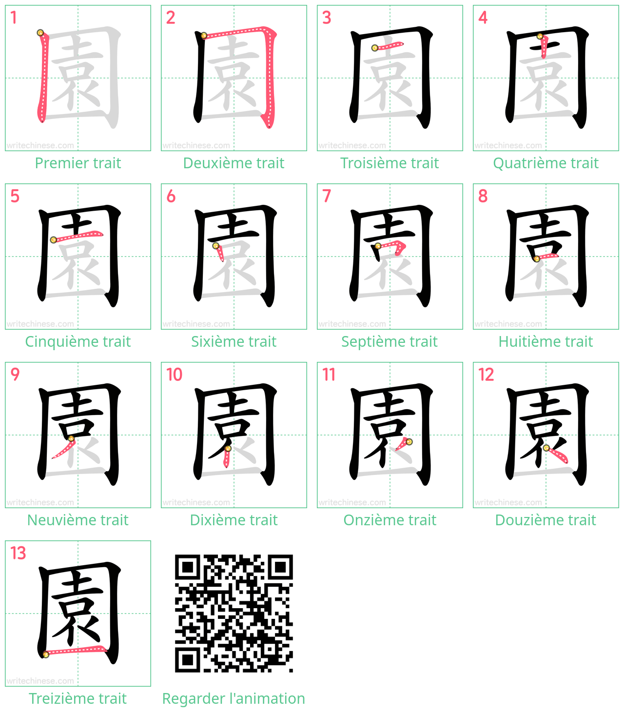 Diagrammes d'ordre des traits étape par étape pour le caractère 園