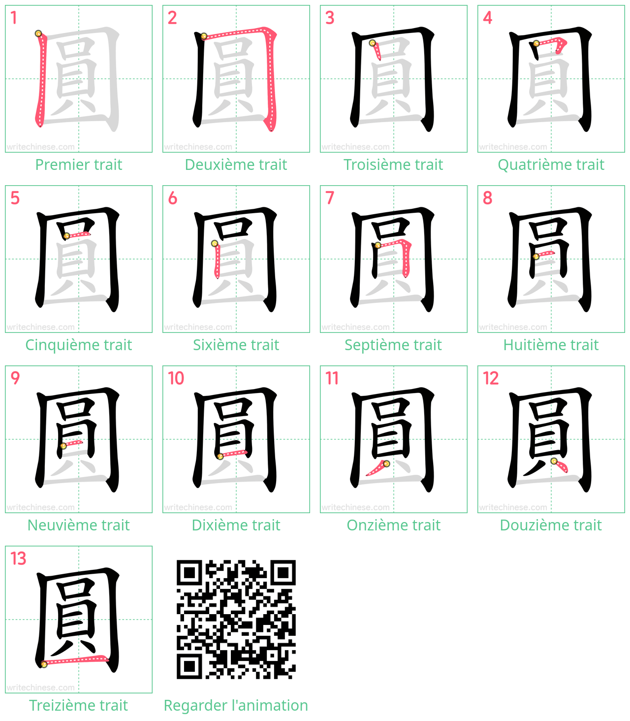 Diagrammes d'ordre des traits étape par étape pour le caractère 圓