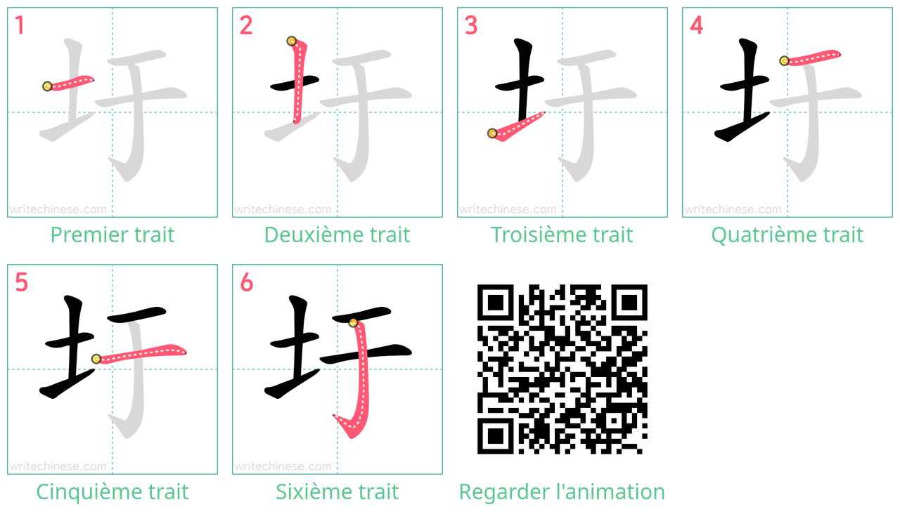 Diagrammes d'ordre des traits étape par étape pour le caractère 圩