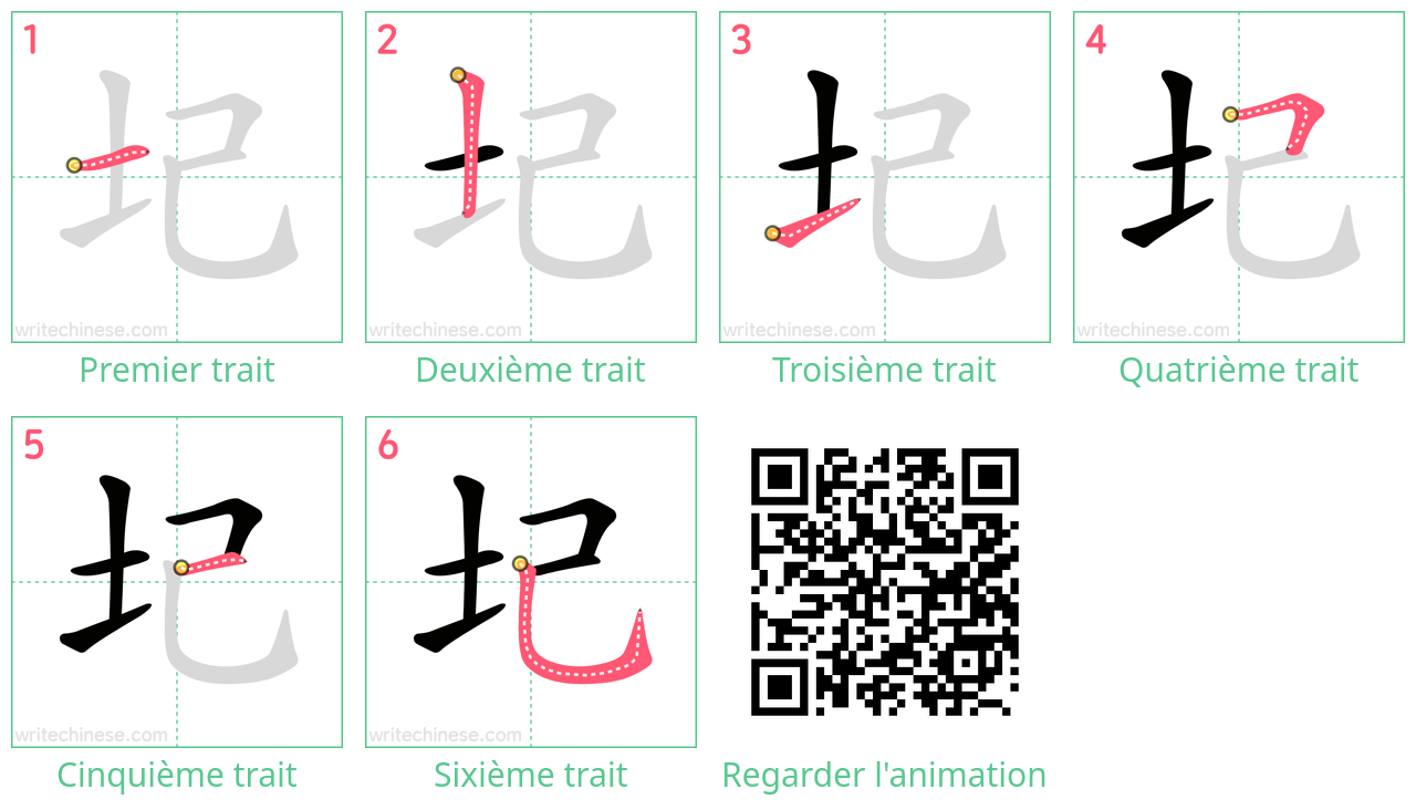 Diagrammes d'ordre des traits étape par étape pour le caractère 圮