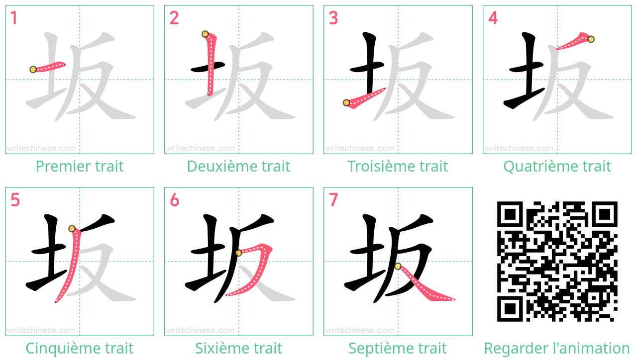 Diagrammes d'ordre des traits étape par étape pour le caractère 坂