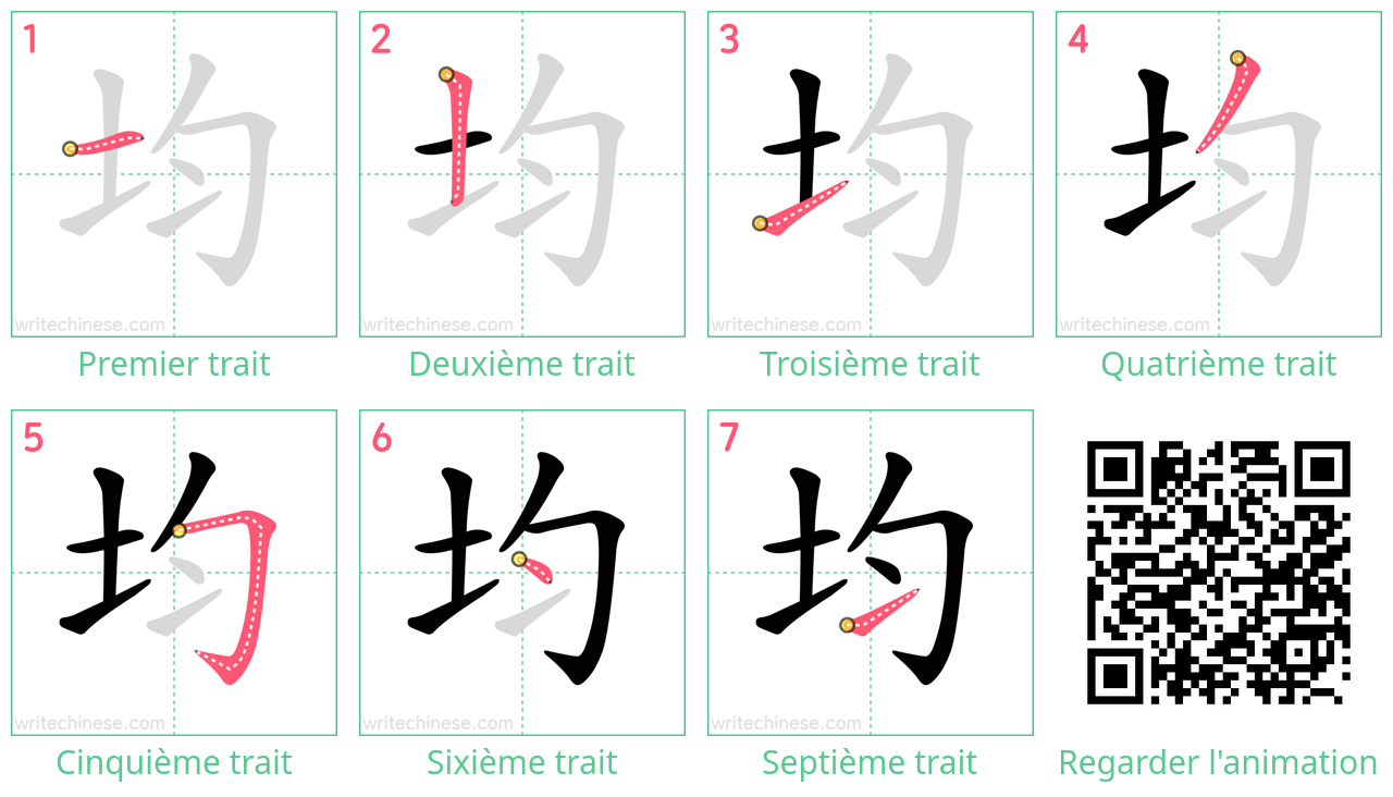 Diagrammes d'ordre des traits étape par étape pour le caractère 均