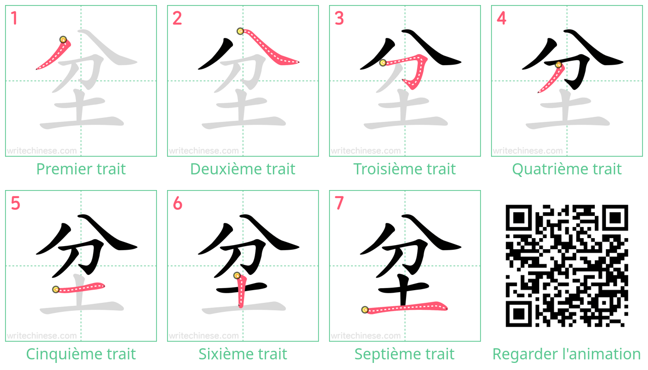 Diagrammes d'ordre des traits étape par étape pour le caractère 坌