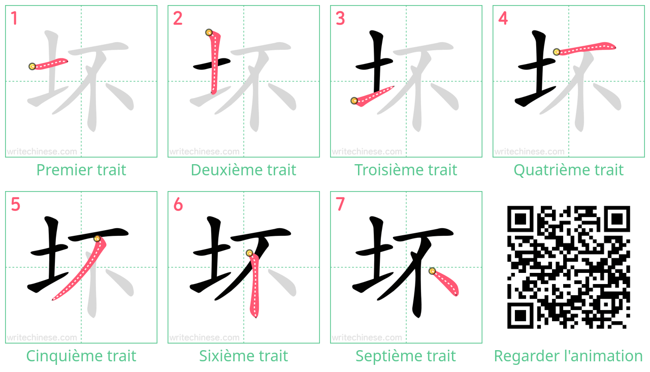 Diagrammes d'ordre des traits étape par étape pour le caractère 坏